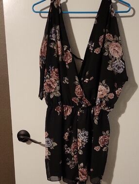 Rue21 Black Floral Romper with Pink and Blue Roses
